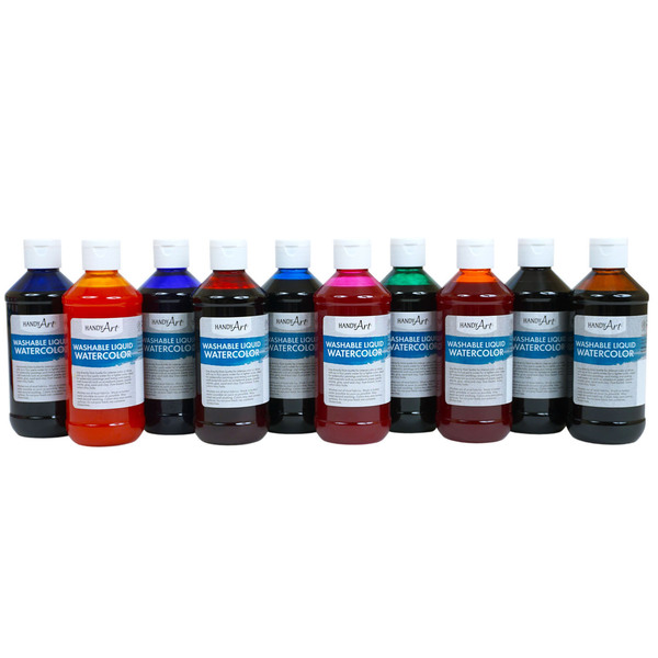 Handy Art Washable Liquid Watercolors, 8oz, 10-Color Basic Kit 882-275
